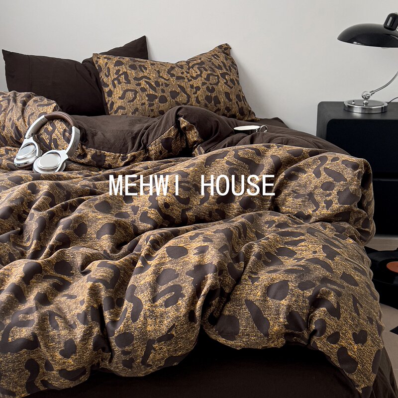 【Mehwi】 ins Leopard Print American Retro Melard Light Luxury Simple Skin-Friendly All-Season Three-Piece Set Four-Piece Set 【Mehwi】 ins Leopard Print American Retro Melard Light Luxury Simple Skin-Friendly All-Season Three-Piece Set Four-Piece Set