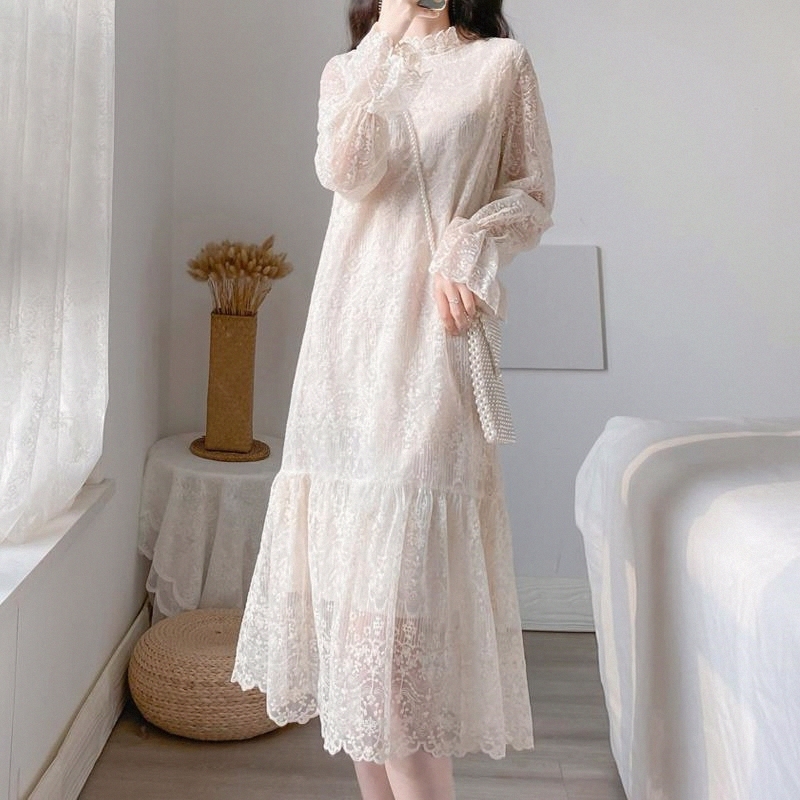 Women's Autumn Gentle Drape Fairy-Like Inner Wear Elegant Lace Dress Mid-Length Thickened Base Long-Sleeve Dress