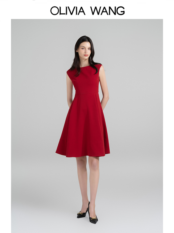 Olivia Wang French High-Waisted Dress, Stylish Hepburn-Style Engagement Dress, Red Acetate Umbrella Skirt