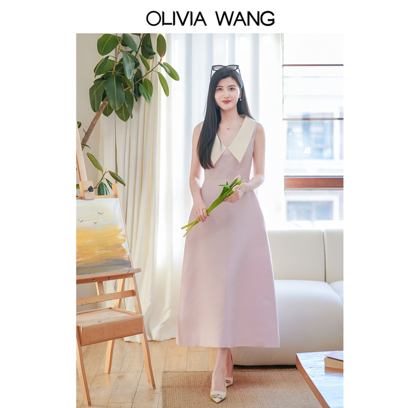 Olivia Wang French Hepburn Style Navy Collar Silk Wool Waist-Cinching Dress Gown Skirt 26 Early Spring New Style