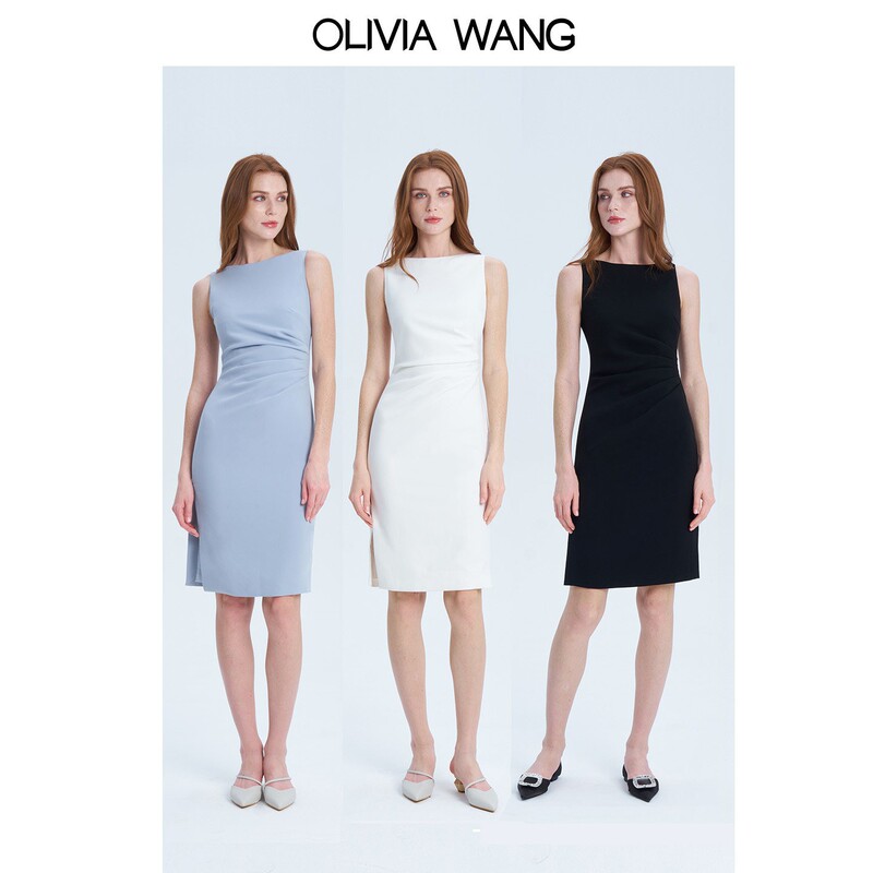 Olivia Wang [Same Style as Zhan Qiuyi] Off-Shoulder Dress in Morandi Blue French Style with Waist-Cinching Acetate Skirt