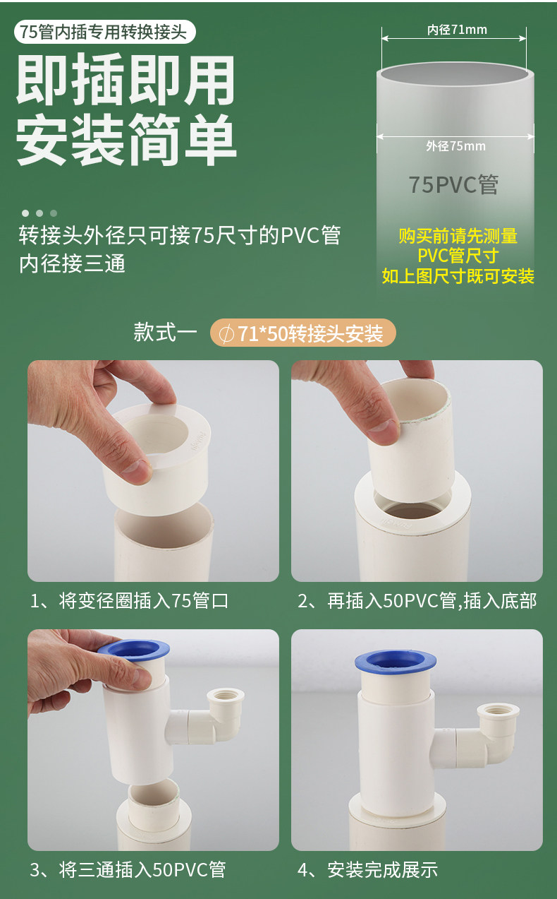 Трапных аксессуары pvc下水管变径接头 厨房专用75转50排水管配件 防臭直通接头