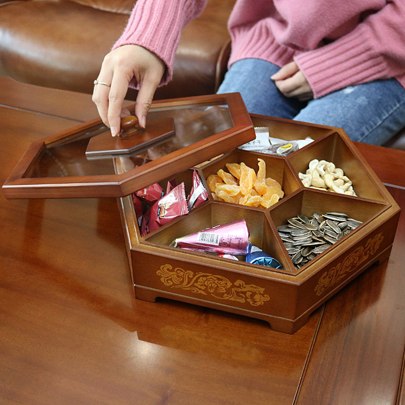 Dry fruit box candy box solid wooden living room household frame with covered Chinese creative melon snack box fruit disk