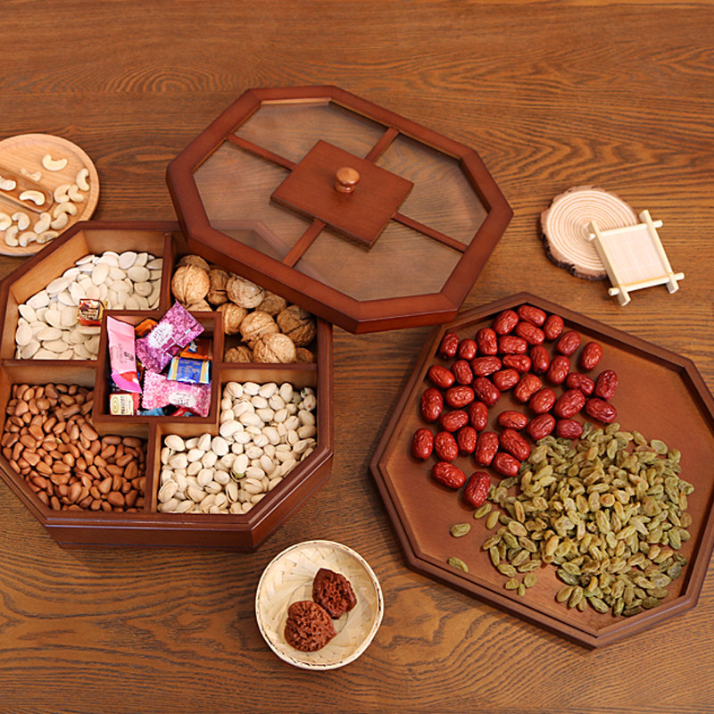 New Chinese-style living room solid wood nut plate double-layer with lid household fruit tea table compartment storage box melon seeds dried fruit box