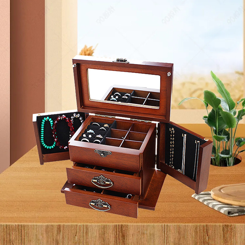 Solid wood jewelry box wooden lock handlock collection box necklace collection box earlock watch string jewelry box