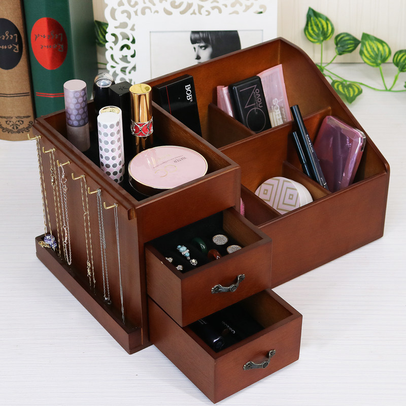 Cosmetics storage box wooden desktop makeup table dustproof lipstick skin care accessories rack net red finishing box