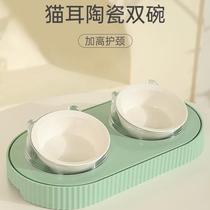 New pet ceramic feeding double bowl cat protection cervical spine eating and drinking basin gold gradient kitten food drink