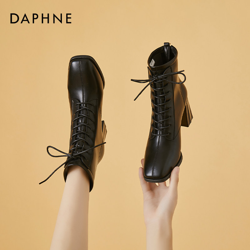 Daphne high-heeled boots women's winter shoes plus velvet 2022 new winter square head royal sister style short boots temperament goddess fan