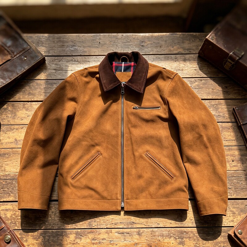 American Retro Detroit Work Jacket for Men with Contrasting Corduroy Collar and Suede Leather Short Jacket