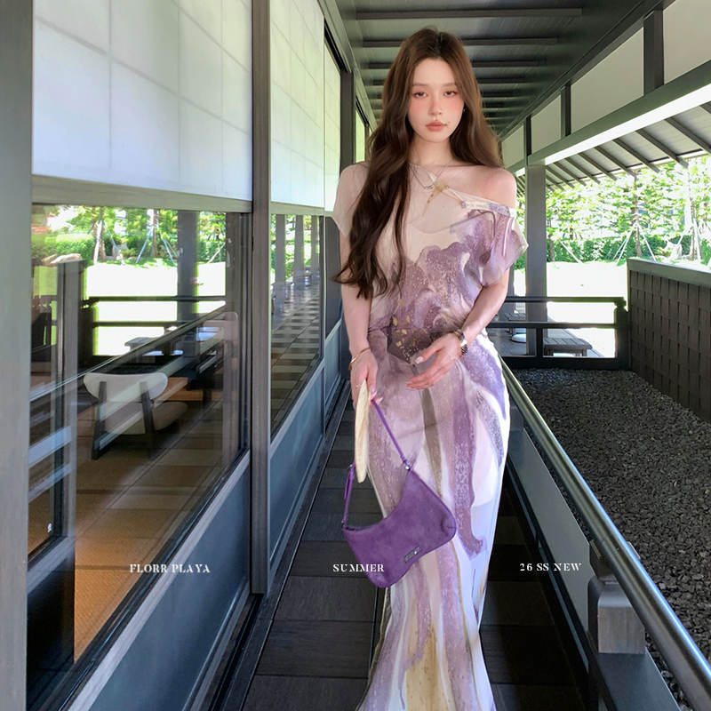 Purplemood Purple New Chinese Style Improved Qipao Long Dress for Women, Summer Slim Fit Zen-Inspired Slit Dress Purplemood Purple New Chinese Style Improved Qipao Long Dress for Women, Summer Slim Fit Zen-Inspired Slit Dress