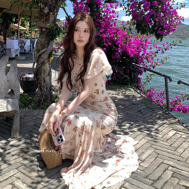 Floral French-Style V-Neck Mermaid Long Dress for Women, Summer Gentle and Elegant, Slimming Waist Dress