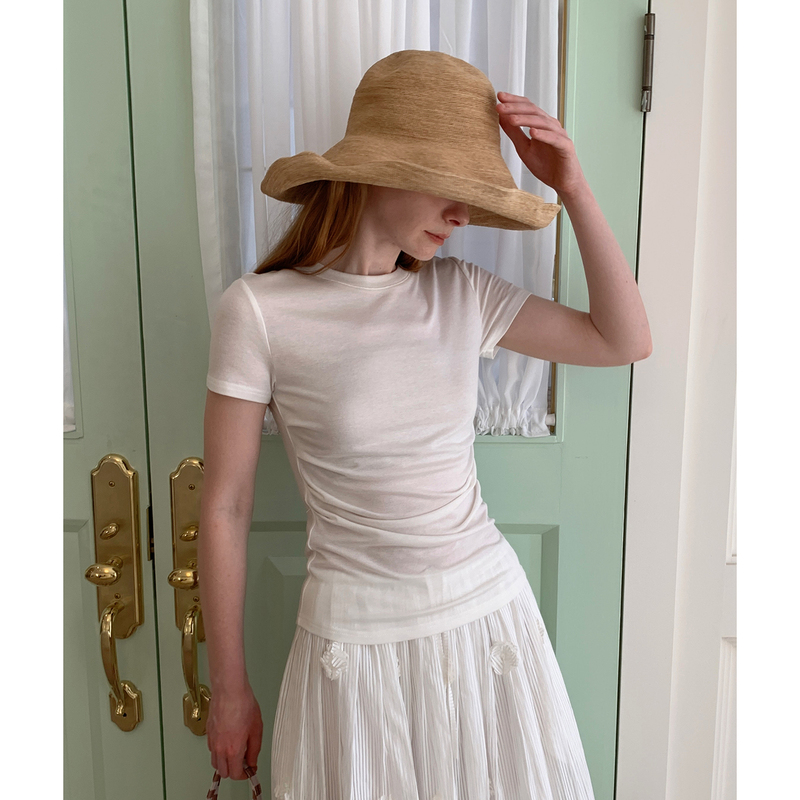 Oneonewan Pleated Waist-Cinching White Tencel Short-Sleeve Women's Regular Shoulder Gray T-Shirt, Stretchy, Slim-Fitting, Tummy-Covering