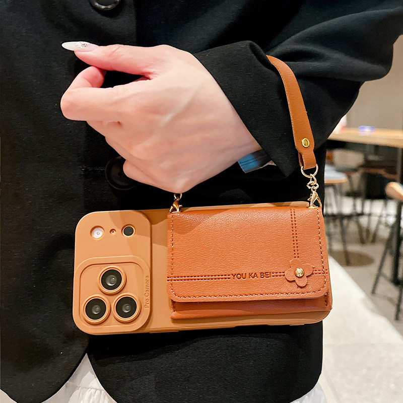 Cowhide Side-Opening Card Holder Suitable for Apple 17Promax Phone Case, Imported Soft Rubber, Full Coverage Backpack Style for 15Plus, Light Luxury High-End Feel for 14Pro, High Aesthetic Value for 13, Crossbody Strap