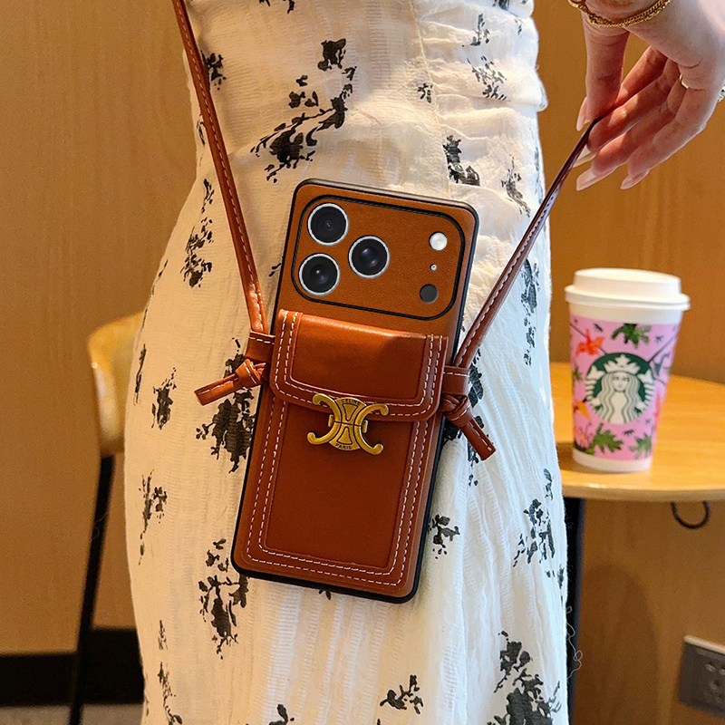 Trendy Leather Phone Case Suitable for iPhone 17, Leather Texture Apple 17 Pro Max Protective Case, Full Coverage, Anti-Drop, Crossbody Strap, Card Holder, High-End Brown Crossbody Strap for 15 Pro