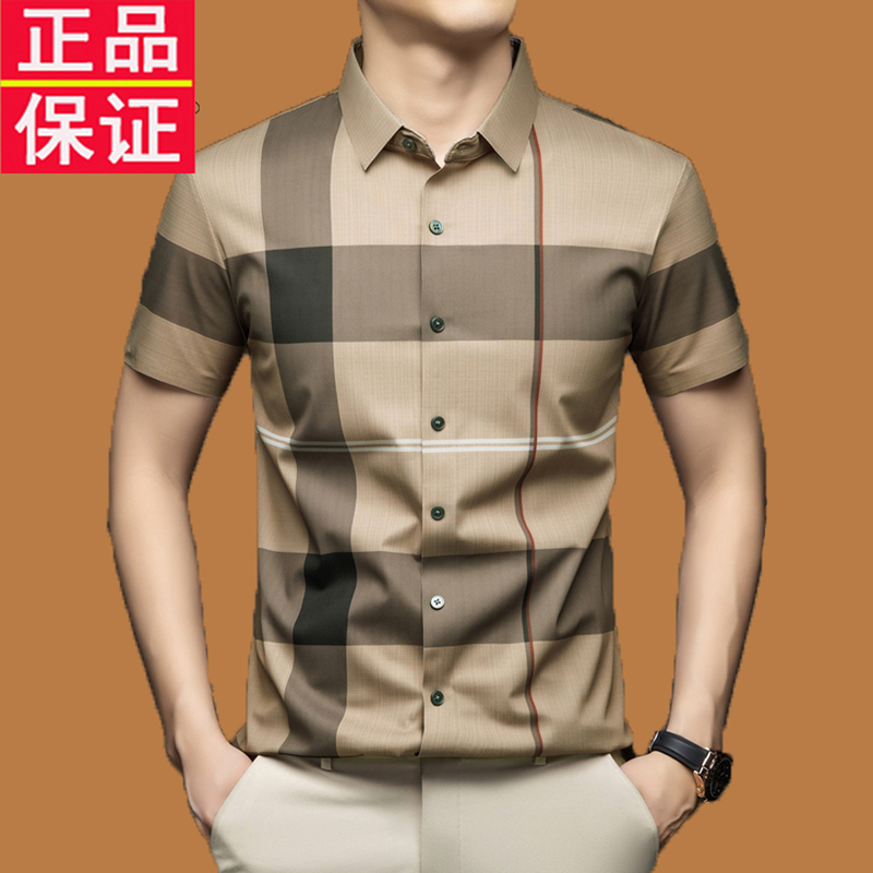 Trendy Brand 2025 New Striped Ice Silk Short-Sleeved Shirt for Men, High-End Business Casual Half-Sleeve Loose Plaid Shirt
