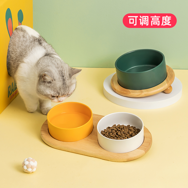 Pet Dog Food Basin Dog Food Bowl Kitty Bowl Ceramic Cat Bowl Double Bowl protection Cervical Cat Food Water Bowl Pitched anti-overturning