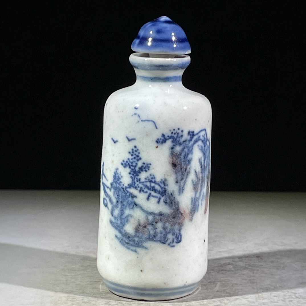 中国骨董清中期青花釉裏紅人物鼻煙壺翡翠蓋骨杓