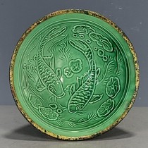Antiques and miscellaneous antiques second-hand porcelain Ding kiln official character bottom model green glaze bag fish pattern bamboo hat small lamp collection