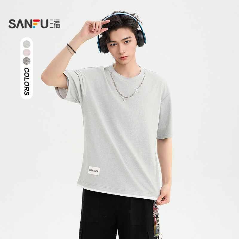 Sanfu 2026 夏 メンズ バティック 取り外し可能なチェーン付き ショートTシャツ ストリートスタイル 無地 ドロップショルダー トップス 523699