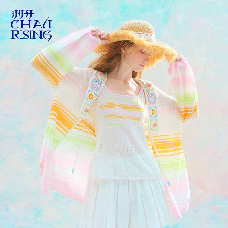 Zhou Sheng 26Ss Spring/Summer Garden Crochet Striped Vacation-Style Blouse New Chinese Style Unique Design Top
