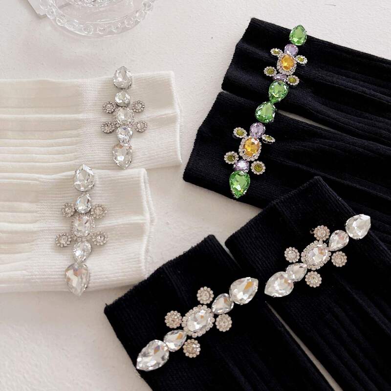 Hand-Sewn Rhinestone Socks, Heavy-Duty Spring and Autumn Mid-Calf Socks, Fashionable European-Style Pure Cotton Socks for Women, Trendy and Versatile Calf-Length Socks