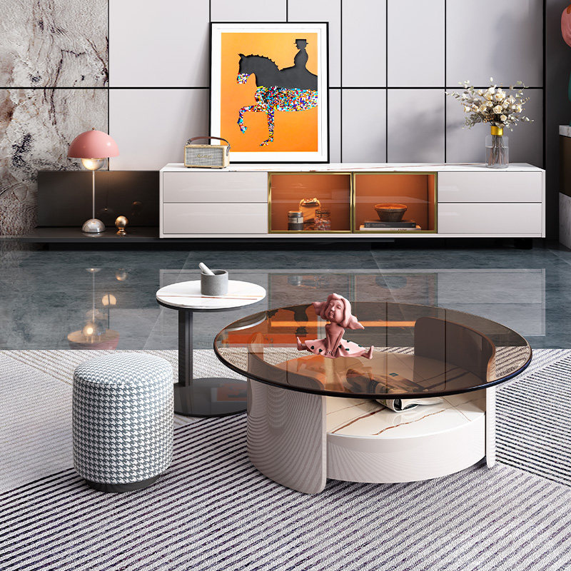 Light extravagant tempered glass rock plate TV cabinet telescopic tea table combined small family type modern Italian style living room edge a few
