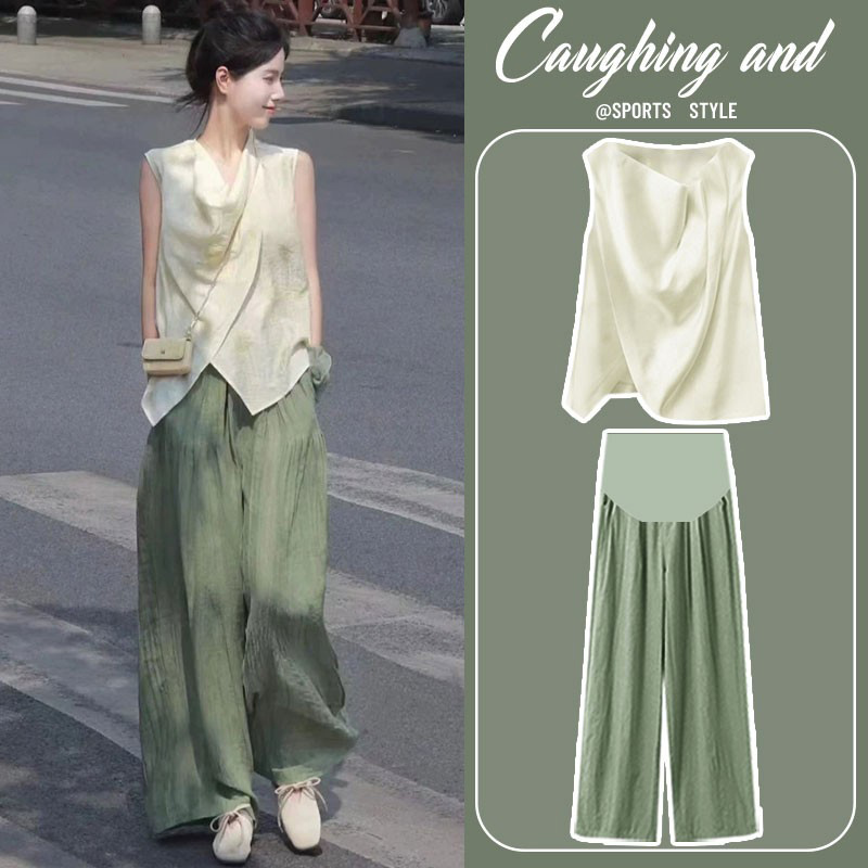 British Dhwa Summer Thin Maternity Top Chiffon Sleeveless Vest Clothing Set Two-Piece Set with a High-End Feel for Women