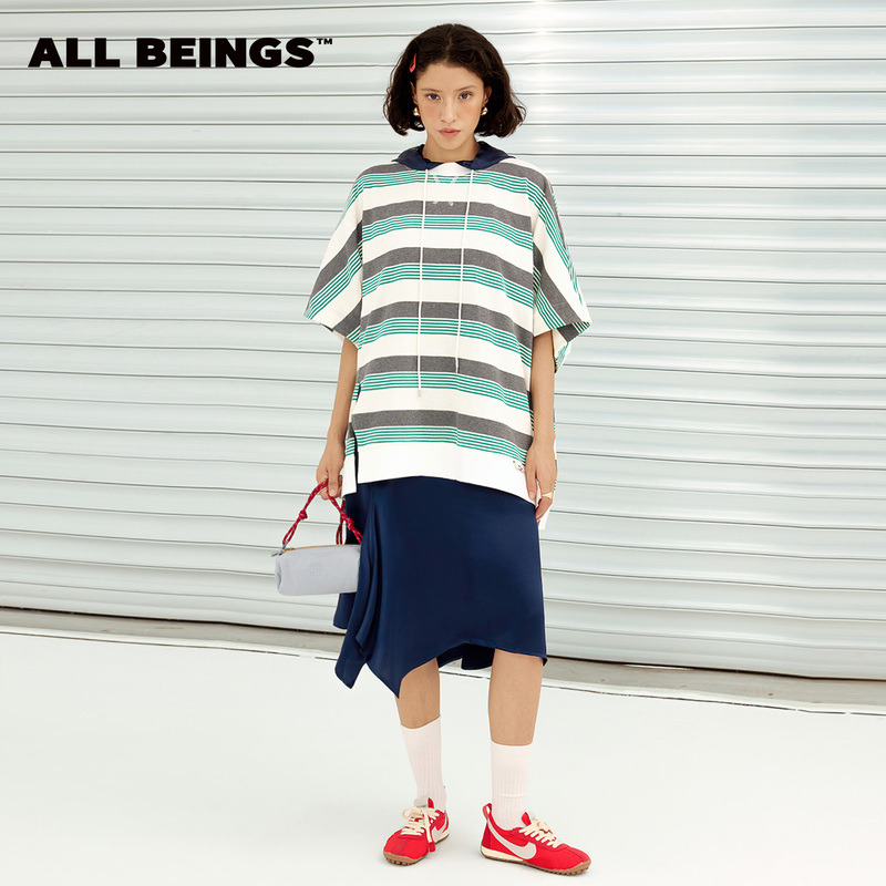 All Beings26Aw Early Autumn Color-Blocked Asymmetrical Layered Two-Piece T-Shirt Style Loose Long Dress