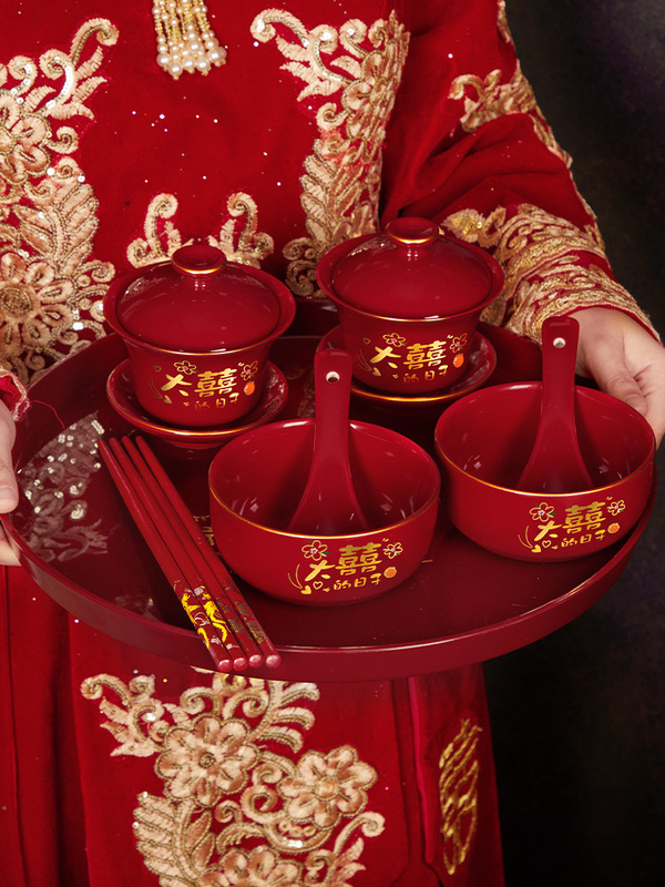 Jingdezhen Tea Cups, Wedding Bowls, Red Tea Sets for Wedding Celebrations, Modified Lid Bowls, Tea Sets, Pair of Bowls and Chopsticks, Dowry Items