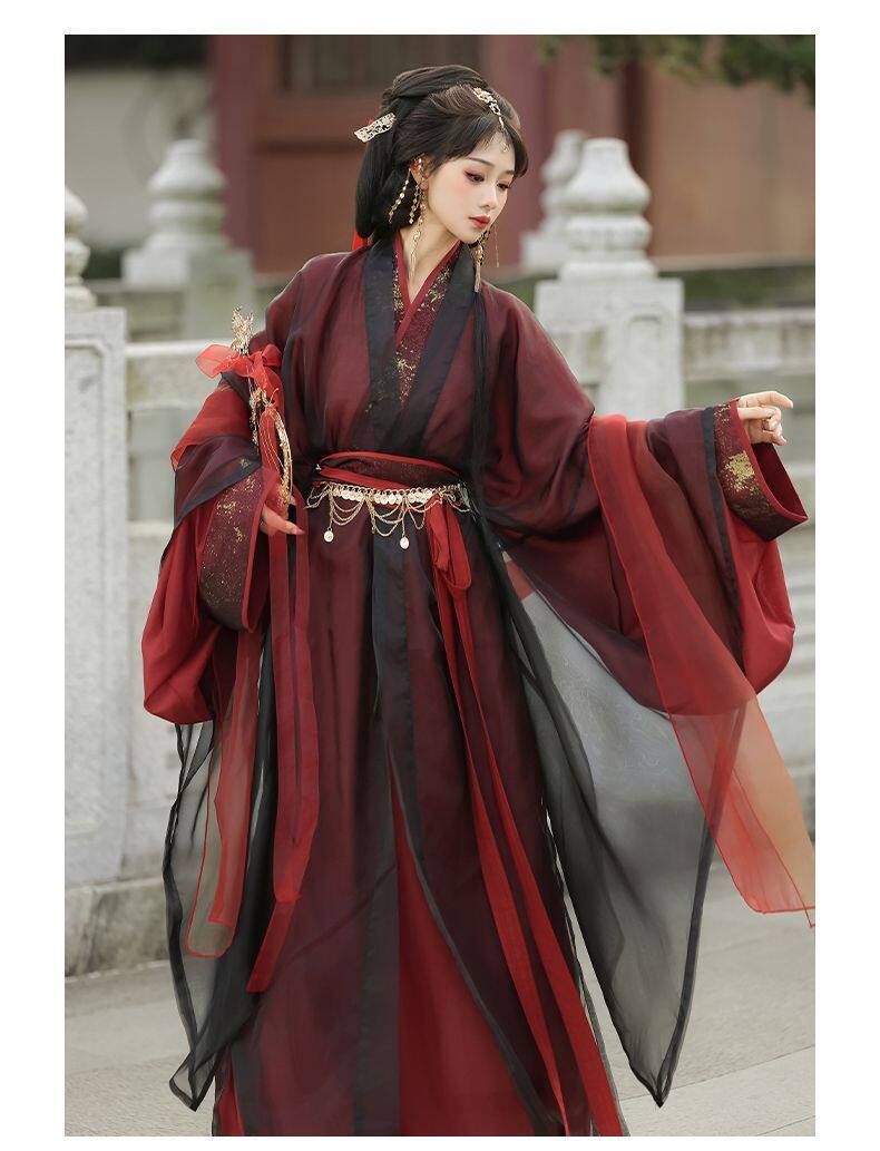Китайцы одежда наборы 魏晋制汉服【虞姬叹】交领大袖衫直裾鎏金印花战国袍古风男女套装