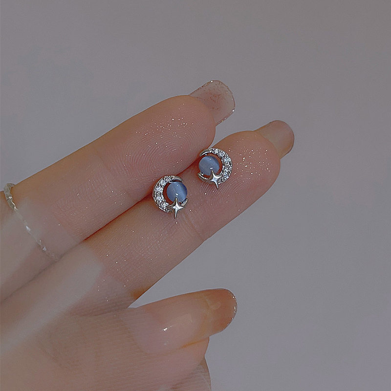 Blue Opal Moon Planet Earrings Female 925 Silver Needle Niche Personality Simple Versatile Temperament Earrings Earrings