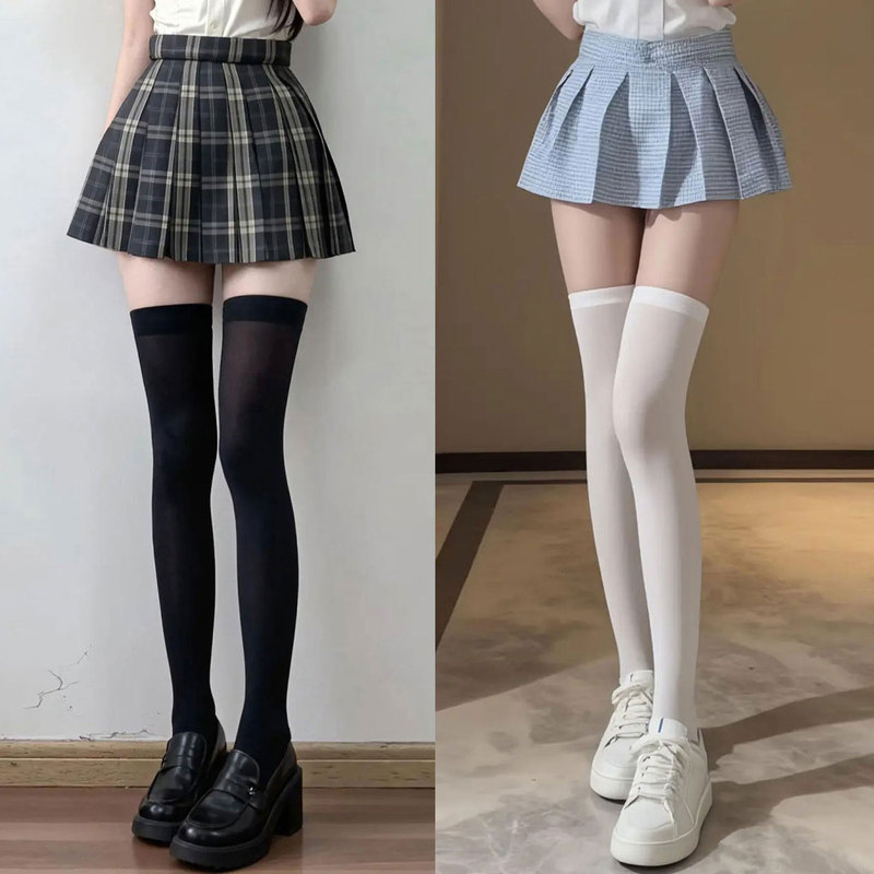 Ice Silk Stockings for Summer, Pressure Over-The-Knee Slimming High Stockings, Spring and Autumn Jk Style Socks, Women's Mid-Calf Socks, Black Long Stockings