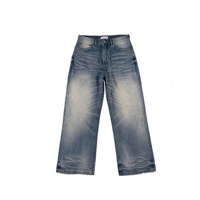Onestep25Ss Retro Ice Blue Washed Distressed Three-Dimensional Wrinkled Hand-Rubbed Whiskered A-Line Straight-Leg Blue Denim Jeans
