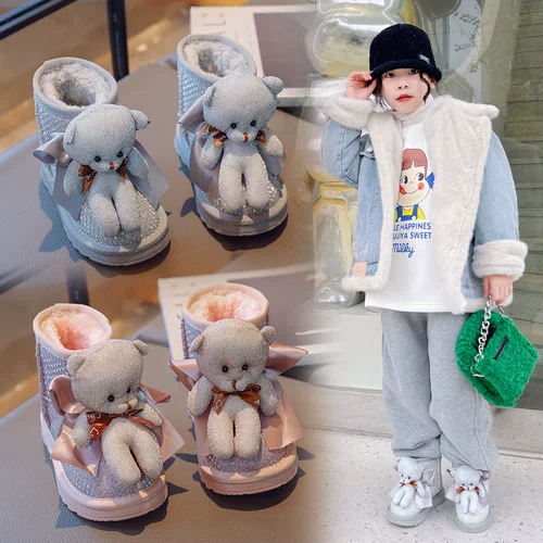 Детские милые мультяшные сапоги, утепленная модная обувь для мальчиков, блестки для ногтей, ботинки, с медвежатами, 2022