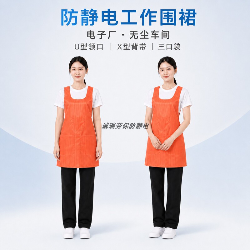 Orange Work Apron for Women, Warehouse Packaging and Sorting, Anti-Static, U-Neck, X-Shaped Cross Back, Three Pockets, Workwear Style