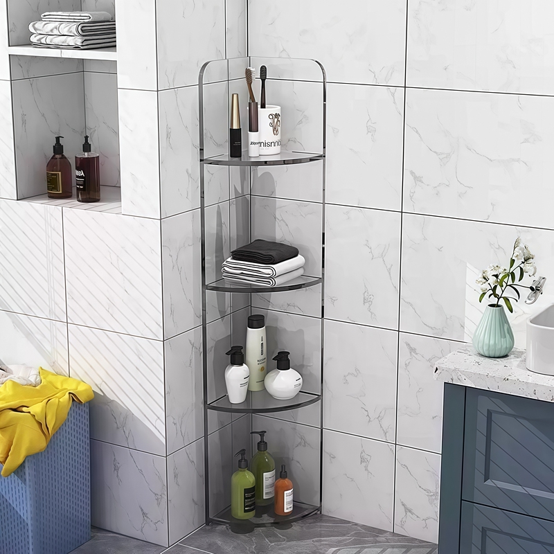 No-Drill Bathroom Shower Room Acrylic Storage Shelf, Floor-Standing, High-End Triangular Corner Wall Bathroom Organizer