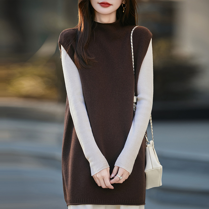 Korean Style Lazy Style Mid-Length High-Neck Cashmere Knitted Vest for Women Loose Sleeveless Sweater Vest Pure Wool Sweater