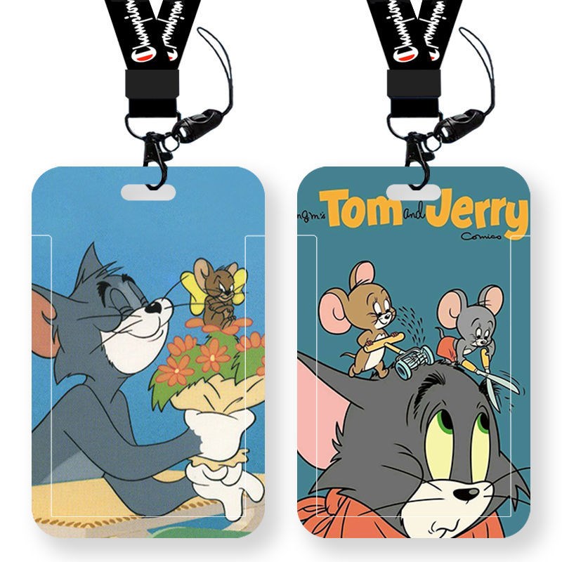 Student Sleeve Campus Meal Card With Hanging Rope Hanging Neck Slide Cover Type Plastic hard shell Chest Card Cat and Mouse Tom Jerry