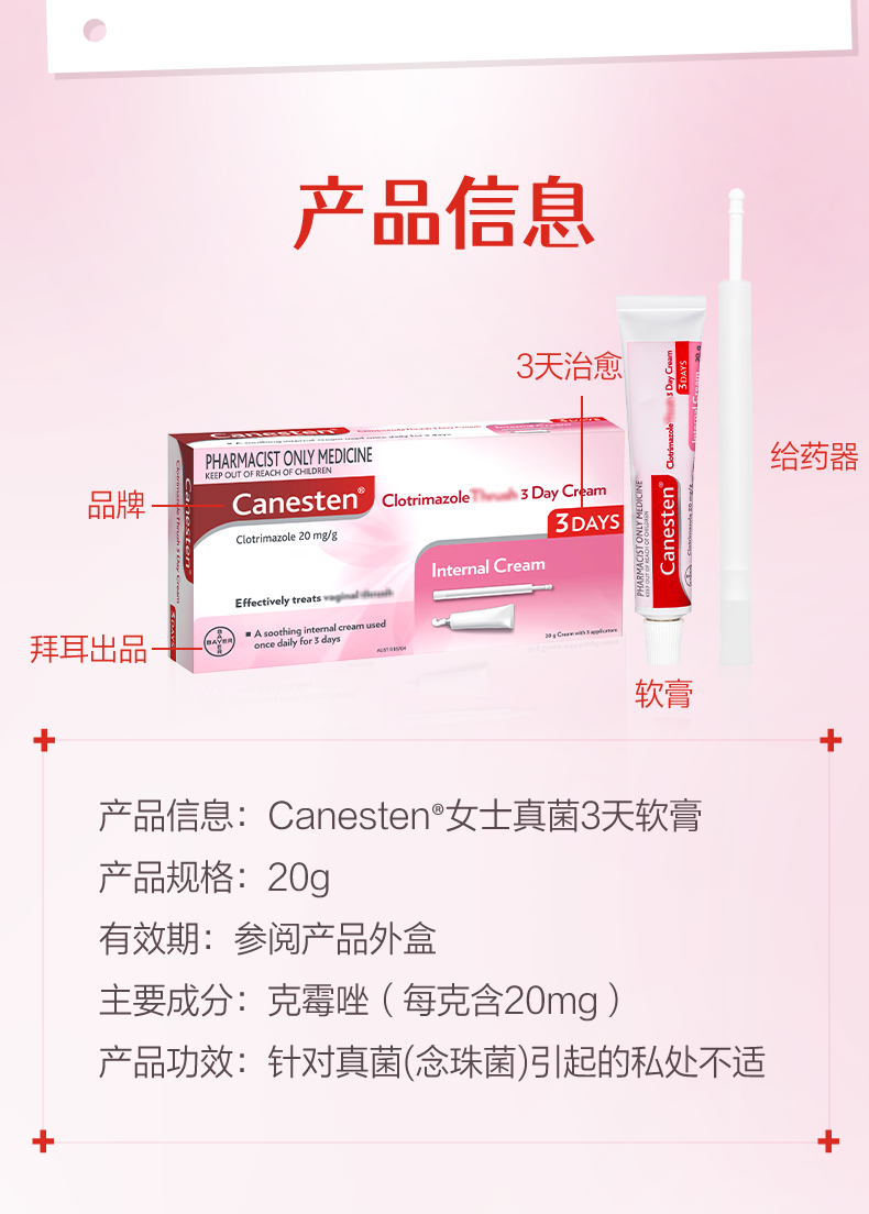 Bayer 拜耳 Canesten 凯妮汀 女性私处护理真菌3天软膏 20g 双重优惠折后¥89包邮包税