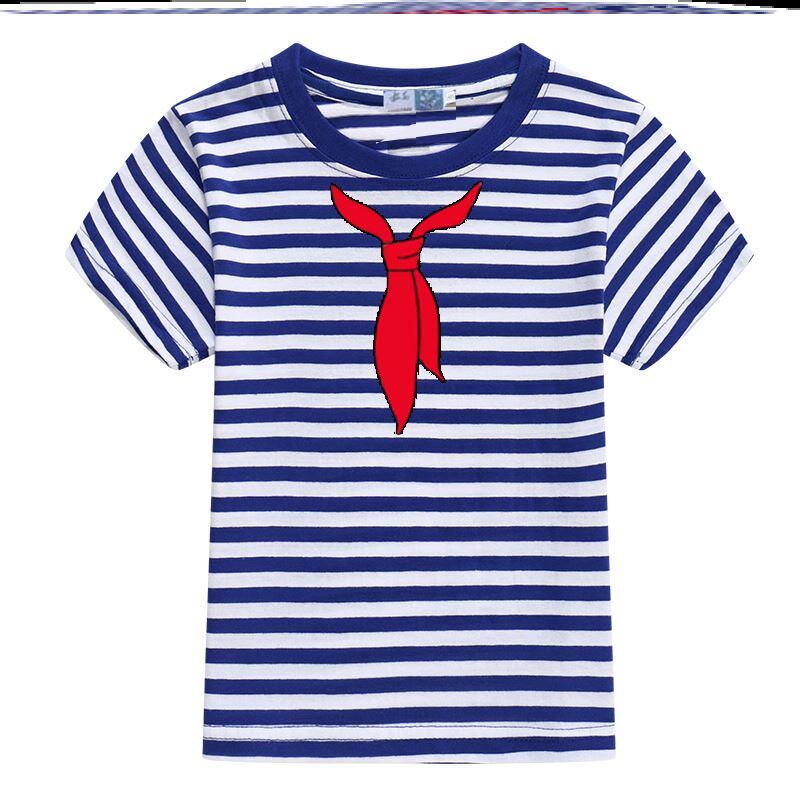 Blue and White Bar Band Band Meeting Class Red Tiars Navy Wind Strip T-shirt Children's Loose High-Quality Memorial