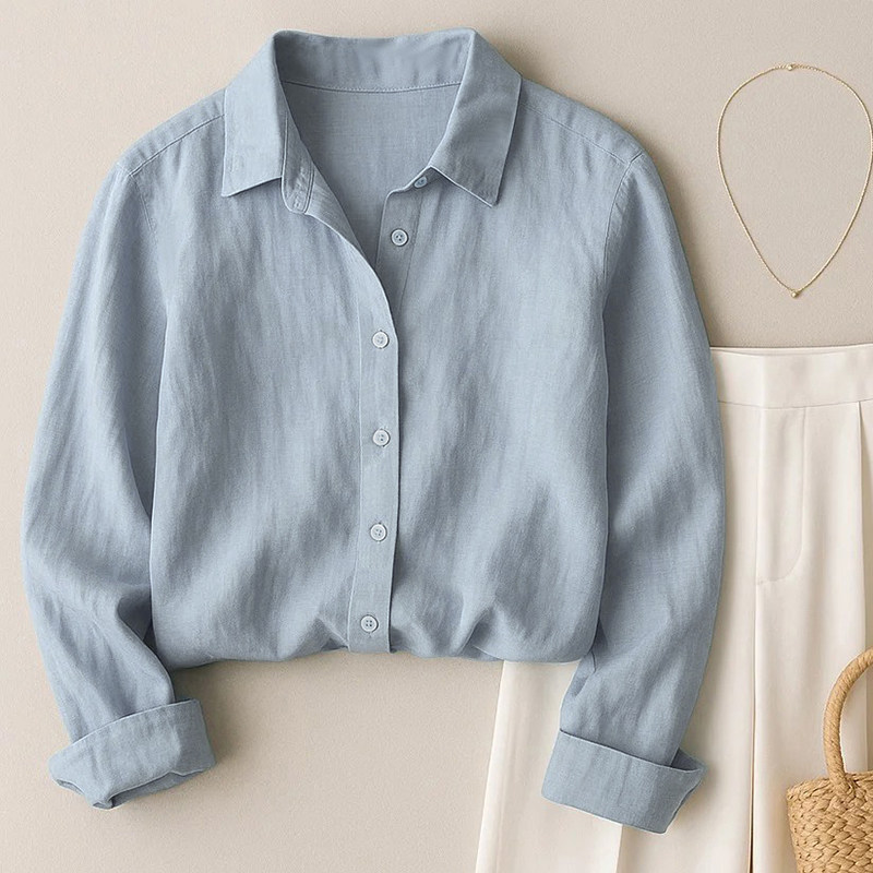 French-Style Stylish Lapel Mist Blue Pure Cotton Shirt for Women, Autumn 2026 New Model, Long-Sleeve Loose Fit Slimming Shirt for Outerwear