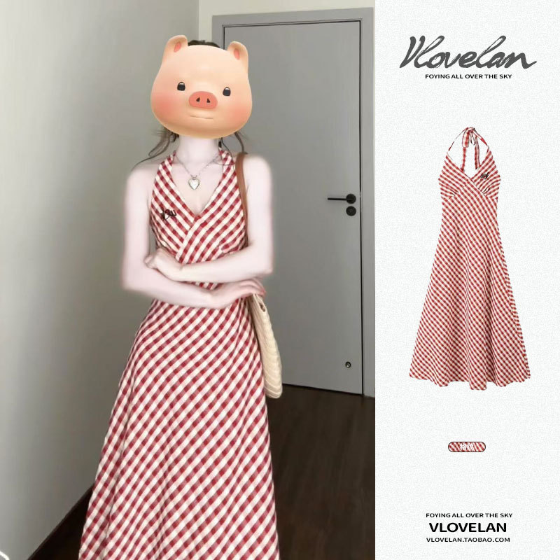 French-Style Halter Neck Plaid Slip Dress for Women, New Summer Travel Vacation Style, Petite-Friendly Mid-Length Dress