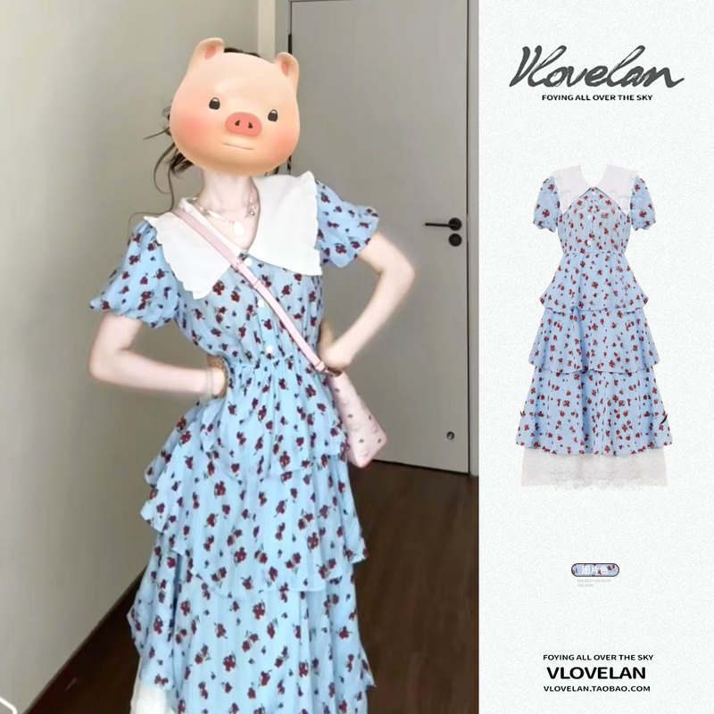 French-Style Large Lapel Floral Dress for Women, New Summer Style, Waist-Cinching, Slimming, Mid-Length, Puff-Sleeve, Tiered Skirt