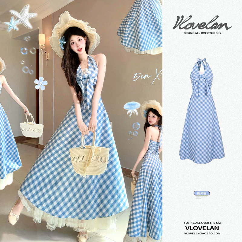 Summer Blue Plaid Halterneck Dress for Women 2026 New Seaside Resort Style Waist-Cinching Bow Sleeveless Long Dress