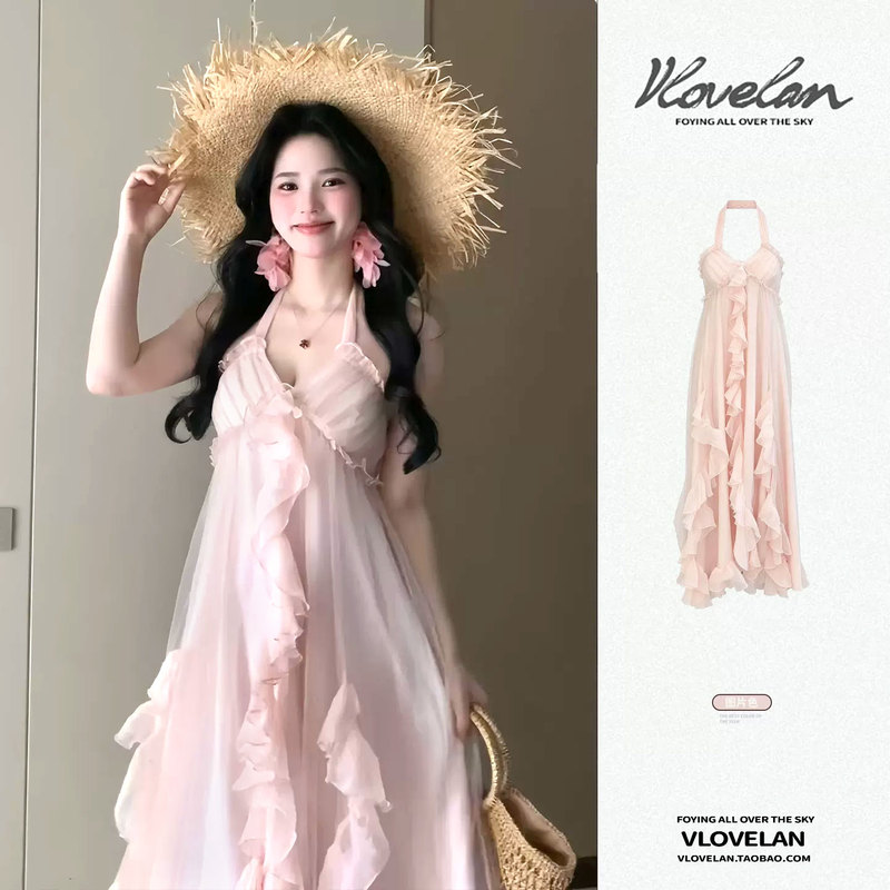 French-Style Seaside Resort Halter V-Neck Spaghetti Strap Dress for Women, New Summer Model, Stunning and Beautiful Beach Maxi Dress