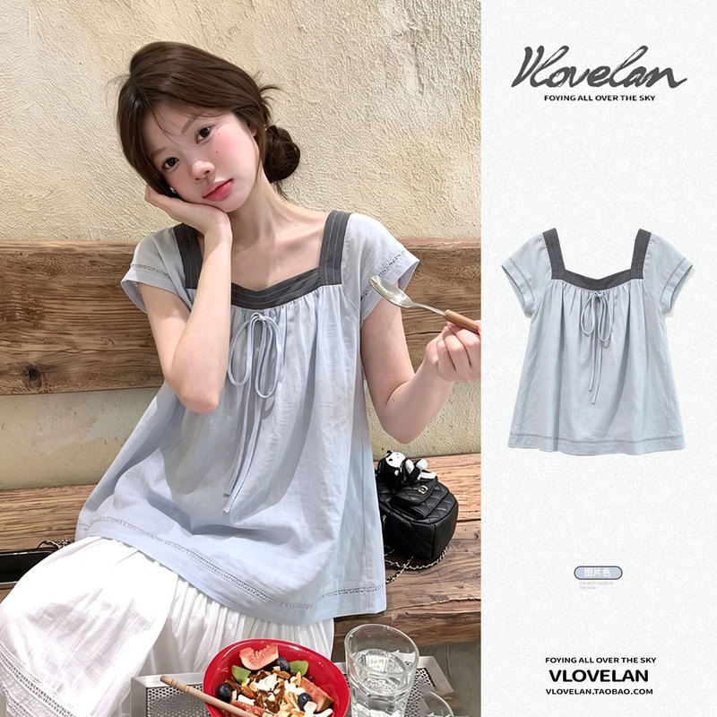 French Sweet Style Square Collar Short-Sleeve Blouse for Women, Summer 2026 New Design, Loose Fit, Slimming Top French Sweet Style Square Collar Short-Sleeve Blouse for Women, Summer 2026 New Design, Loose Fit, Slimming Top
