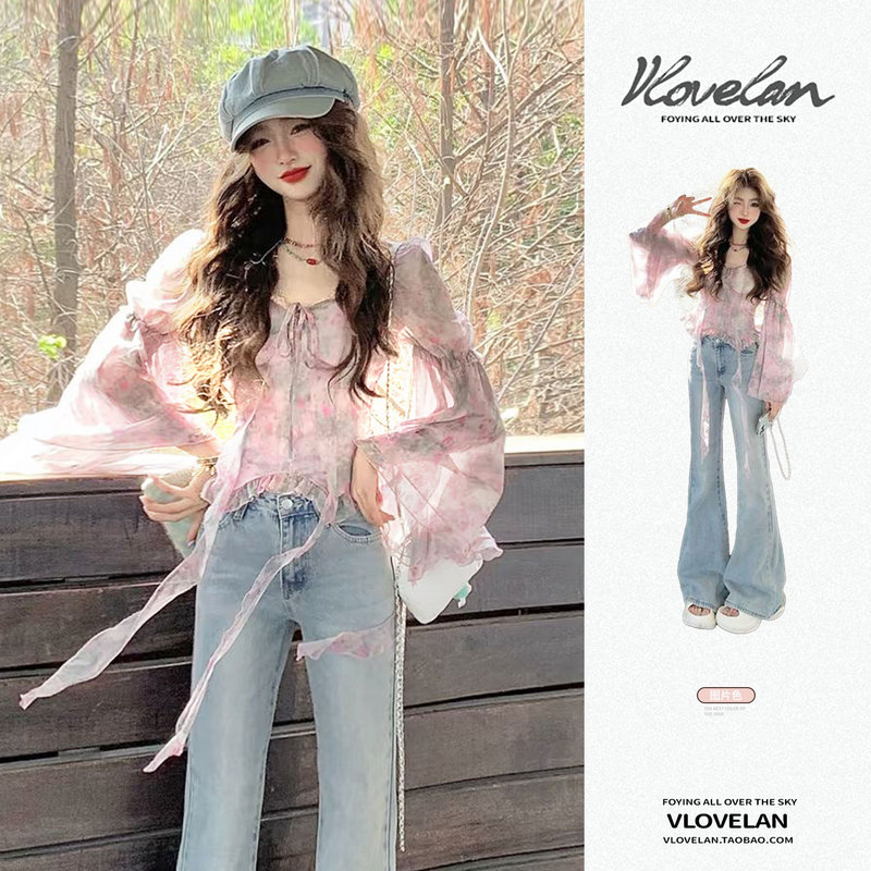 Sweet Style Pink Floral Puff-Sleeve Chiffon Shirt for Women, New Spring and Summer Style, Gentle and Beautiful, Waist-Slimming Shirt Top
