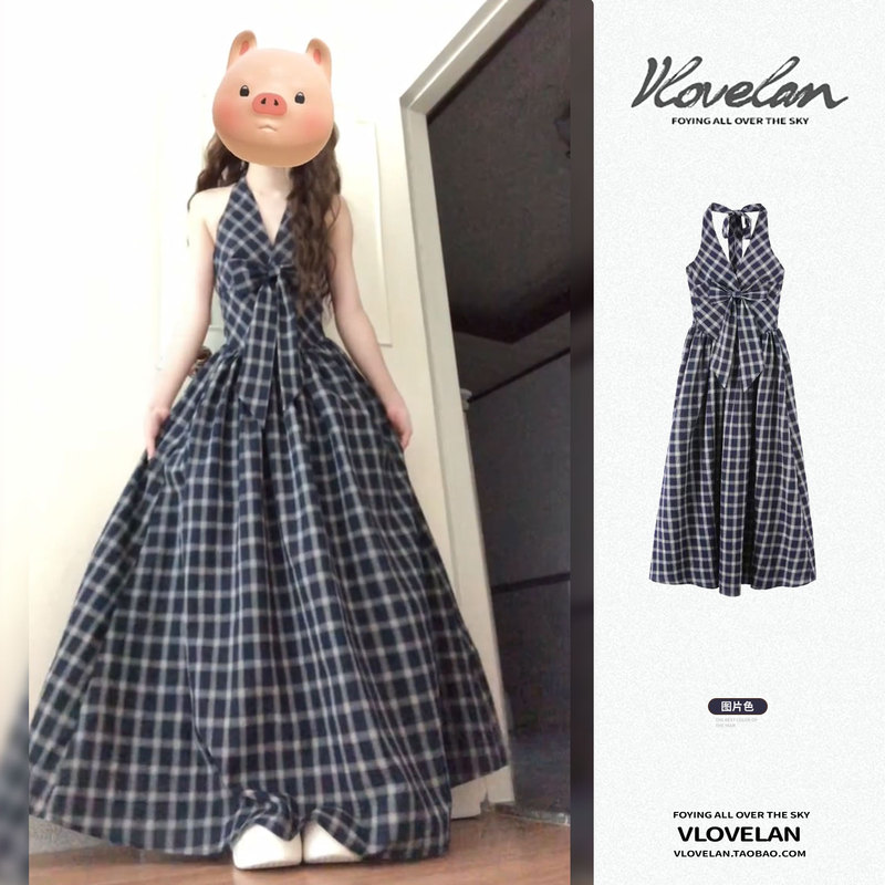 Korean Retro Plaid Bow Tie Halter V-Neck Dress for Women, New Summer Design with a Unique High-Waisted Long Skirt