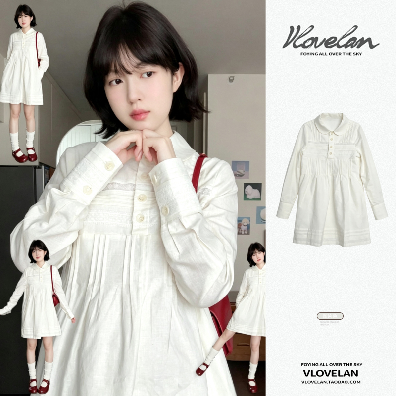Korean-Style Gentle Style Doll Collar Long-Sleeve Shirt Dress for Women, Autumn 2026 New Model, Petite Size, White Dress Korean-Style Gentle Style Doll Collar Long-Sleeve Shirt Dress for Women, Autumn 2026 New Model, Petite Size, White Dress