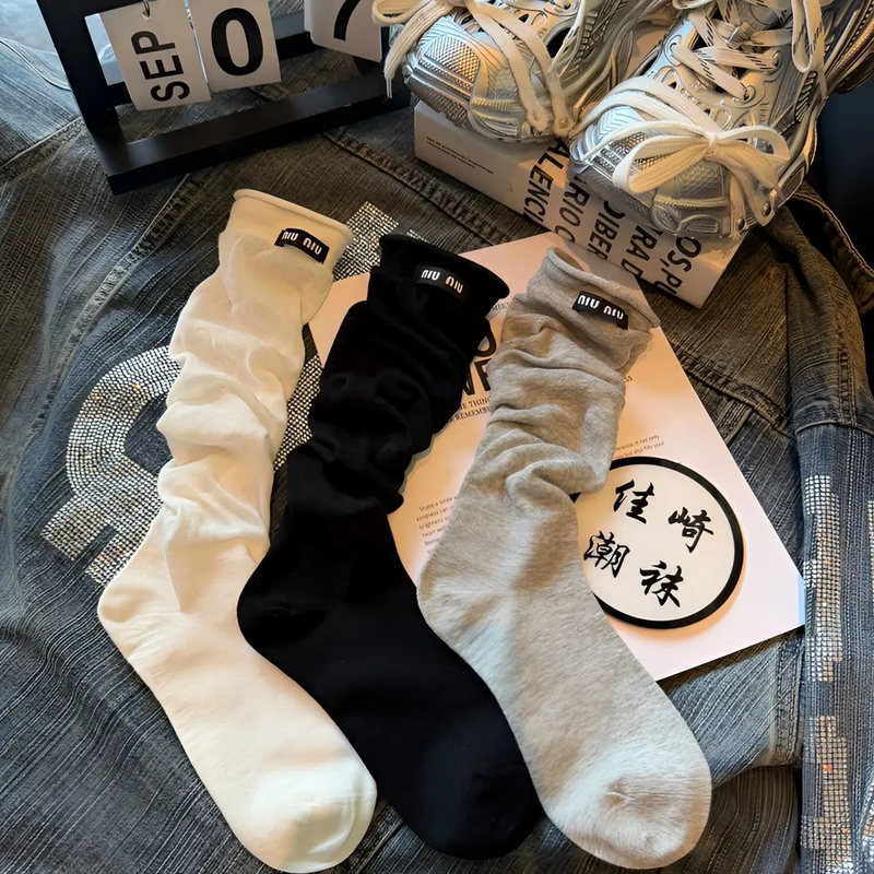 Summer Thin Socks, Seamless Letter Fabric Label, Stylish and Trendy, Calf-High Slouch Socks, Sports ins Style Women's Socks